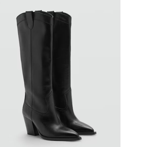 Mango Shoes - Mango Black Leather Western Knee-High Heeled Boots, NWT, 7.5